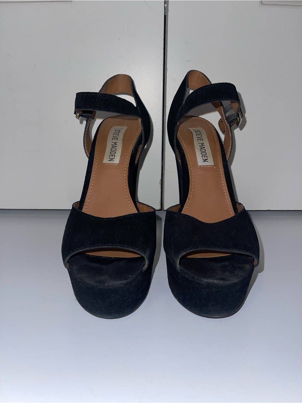 Steve Madden Black Suede Platform Heels with Ankle Strap
